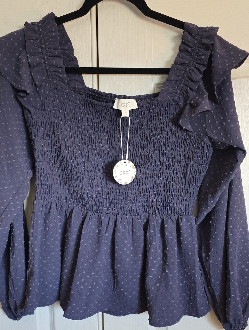 Women's Indigo Blue Smocked Ruffle Long-Sleeve Top